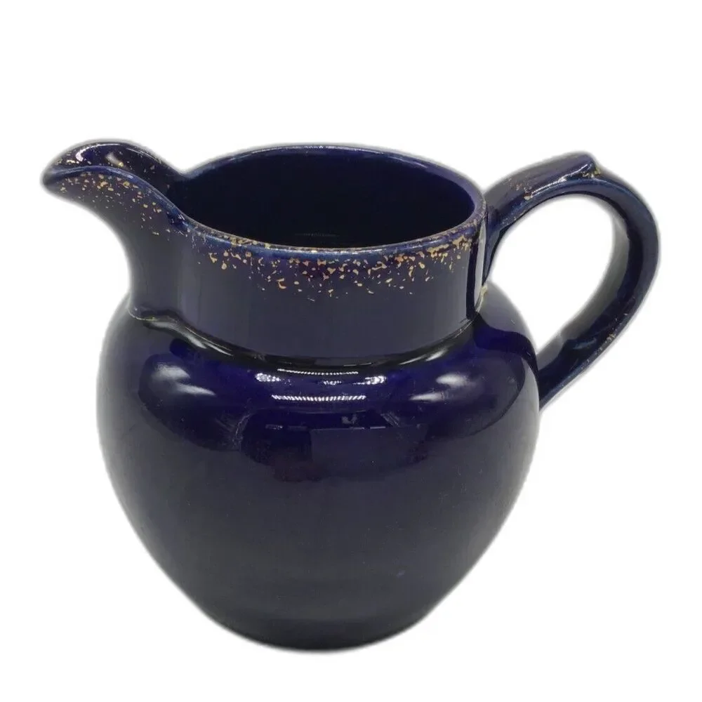 Vintage Indigo Blue Ceramic Creamer Small Pitcher 4 In Gold Speckle Trim Jug